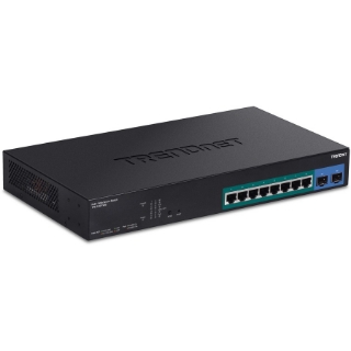 Picture of TRENDnet 10-Port Gigabit Web Smart PoE+ Switch with 8 Gigabit PoE+ Ports, 2 SFP Slots, 130W PoE Budget, VLAN, QoS, LACP, IPv4/IPv6 Static Routing, Black, TPE-1021WS
