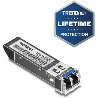 Picture of TRENDnet SFP Single Mode LC Module (20km/ 12.4 mi), TEG-MGBS20, Data Rates up to 1.25Gbps, 1310nm Single Mode, IEEE 802.3z Gigabit Ethernet, ANSI Fiber Channel Compliant, Lifetime Protection