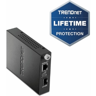 Picture of TRENDnet 100/1000Base-T To SFP Fiber Media Converter, Fiber To Ethernet Converter, 1 x 10/100/1000Base-T RJ-45 Port,1 x Mini-GBIC Slot, Lifetime Protection, Black, TFC-1000MGA