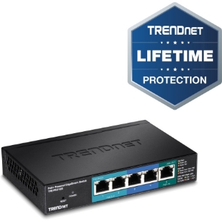 Picture of TRENDnet 5-Port Gigabit PoE+ Powered EdgeSmart Switch With PoE Pass Through, 18W PoE Budget, 10Gbps Switching Capacity, Managed Switch, Wall-Mountable, Lifetime Protection, Black, TPE-P521ES