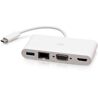 Picture of C2G USB C to HDMI, VGA, USB A & RJ45 Adapter - 4K 30Hz - White