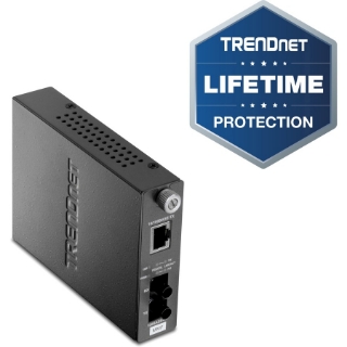 Picture of TRENDnet 100Base-TX to 100Base-FX Multi Mode ST Fiber Media Converter, 2km (1.2 Miles), Auto-Negotiation, Auto-MDIX, Full-Duplex, Fiber to Ethernet Converter, Lifetime Protection, Black, TFC-110MST