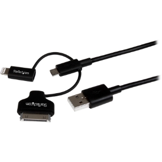 Picture of StarTech.com 1m (3 ft) Black Apple 8-pin Lightning or 30-pin Dock Connector or Micro USB to USB Combo Cable for iPhone / iPod / iPad