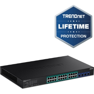 Picture of TRENDnet 28-Port Gigabit Web Smart PoE+ Switch with 24 Gigabit PoE+ Ports; TPE-30284; 4 x 10G SFP+ slots; 370W PoE power;VLAN; QoS; LACP; IPv4/IPv6 Static Routing