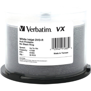 Picture of Verbatim DVD-R 4.7GB 16X VX White Inkjet Printable, Hub Printable - 50pk Spindle