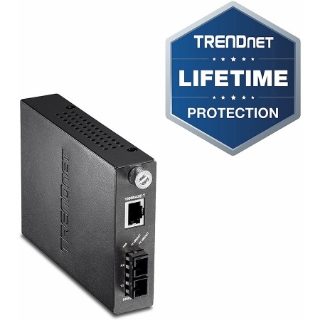 Picture of TRENDnet Intelligent 1000Base-T to 1000Base-SX Multi-Mode SC Fiber Media Converter, Up to 550M (1800 ft), Fiber to Ethernet Converter, 2Gbps Switching Capacity, Lifetime Protection, Black, TFC-1000MSC