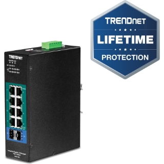 Picture of TRENDnet 10-Port Industrial Gigabit L2 Managed PoE+ DIN-Rail Switch, 8 x Gigabit PoE+ Ports, DIN-Rail Mount, 2 x SFP Slots, 24?57V DC Power Input, IP30, VLAN, Lifetime Protection, Black, TI-PG102i