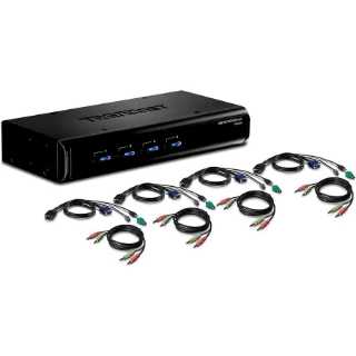 Picture of TRENDnet 4-Port USB/PS2 KVM Switch and Cable Kit with Audio, Manage 4 Computers, Hot-Keys, 1080p HD, VGA HDB-15 Female, 2-Way Audio, TK-423K