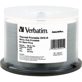Picture of Verbatim DVD-R 4.7GB 16X DataLifePlus White Thermal Printable, Hub Printable - 50pk Spindle