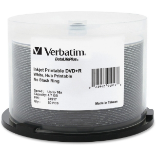 Picture of Verbatim DVD+R 4.7GB 16X DataLifePlus White Inkjet Printable, Hub Printable - 50pk Spindle