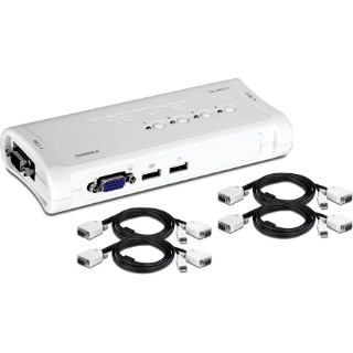 Picture of TRENDnet 4-Port USB KVM Switch Kit, VGA And USB Connections, 2048 x 1536 Resolution, Cabling Included, Control Up To 4 Computers, Compliant With Window, Linux, and Mac OS, White, TK-407K