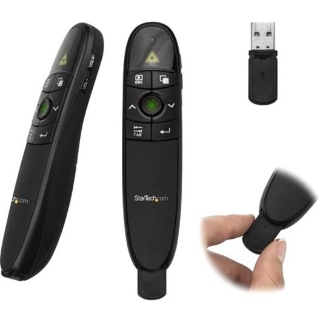 Picture of StarTech.com Wireless Presentation Remote with Green Laser Pointer - 90 ft. (27 m) - USB Presentation Clicker for Mac and Windows - Batteries Included - Wireless Slideshow and Volume Controls