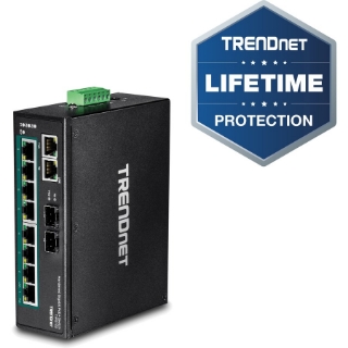 Picture of TRENDnet 10-Port Industrial Gigabit PoE+ DIN-Rail Switch, 8 x Gigabit PoE+ Ports, DIN-Rail Mount, 2 x SFP Slots, 240W PoE Power Budget, Network Switch, IP30, QoS, Lifetime Protection, Black, TI-PG102