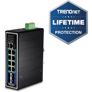 Picture of TRENDnet 12-Port Hardened Industrial Gigabit PoE+ Layer 2+ Managed DIN-Rail Switch, 240W Power Budget, Hardened IP30 Network Ethernet Gigabit PoE+ Switch, Lifetime Protection, Black, TI-PG1284i