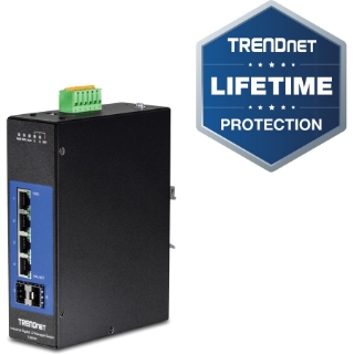 Picture of TRENDnet 6-Port Industrial Gigabit L2 Managed DIN-Rail Switch; 4 x Gigabit Ports; 2 x SFP Slots; DIN-Rail Mount; IP30; VLAN; QoS; LACP; STP/RSTP; Bandwidth management; Lifetime Protection; TI-G642i