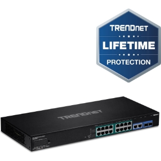 Picture of Roll over image to zoom in TRENDnet 18-Port Gigabit PoE+ Smart Surveillance Switch with 16 x Gigabit PoE+ Ports; TPE-3018LS; 2 x Shared Gigabit Ports (RJ-45 or SFP); 220W PoE Budget; Long Range PoE+; VLAN; QoS; LACP; ONVIF